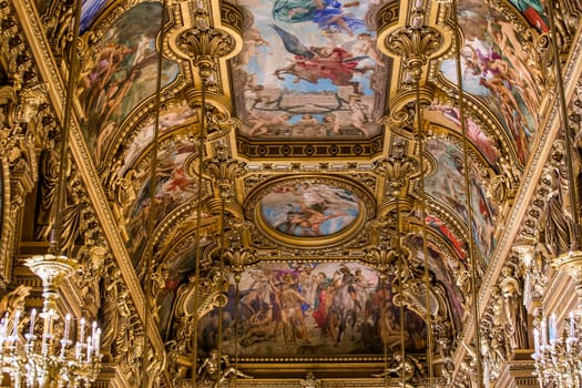 PARIS, FRANCE, MARCH 14, 2017 : interiors, frescoes and architectural details of the palais Garnier, Opera of Paris, march 14, 2017 in Paris, France.