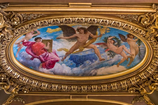 PARIS, FRANCE, MARCH 14, 2017 : interiors, frescoes and architectural details of the palais Garnier, Opera of Paris, march 14, 2017 in Paris, France.