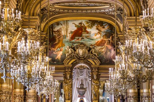 PARIS, FRANCE, MARCH 14, 2017 : interiors, frescoes and architectural details of the palais Garnier, Opera of Paris, march 14, 2017 in Paris, France.