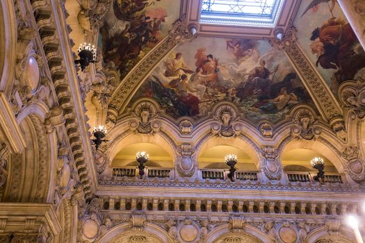 PARIS, FRANCE, MARCH 14, 2017 : interiors, frescoes and architectural details of the palais Garnier, Opera of Paris, march 14, 2017 in Paris, France.