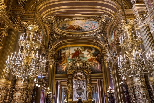 PARIS, FRANCE, MARCH 14, 2017 : interiors, frescoes and architectural details of the palais Garnier, Opera of Paris, march 14, 2017 in Paris, France.