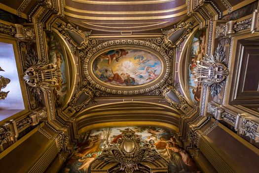 PARIS, FRANCE, MARCH 14, 2017 : interiors, frescoes and architectural details of the palais Garnier, Opera of Paris, march 14, 2017 in Paris, France.