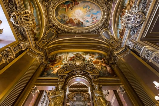 PARIS, FRANCE, MARCH 14, 2017 : interiors, frescoes and architectural details of the palais Garnier, Opera of Paris, march 14, 2017 in Paris, France.