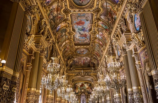 PARIS, FRANCE, MARCH 14, 2017 : interiors, frescoes and architectural details of the palais Garnier, Opera of Paris, march 14, 2017 in Paris, France.