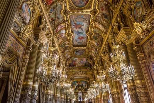 PARIS, FRANCE, MARCH 14, 2017 : interiors, frescoes and architectural details of the palais Garnier, Opera of Paris, march 14, 2017 in Paris, France.