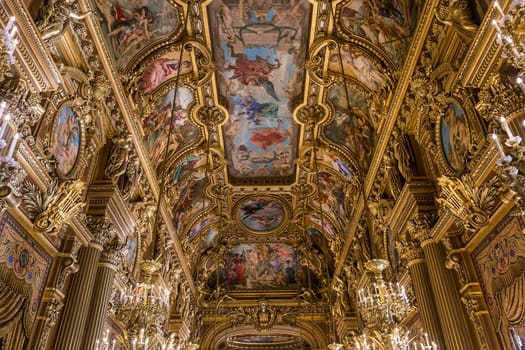 PARIS, FRANCE, MARCH 14, 2017 : interiors, frescoes and architectural details of the palais Garnier, Opera of Paris, march 14, 2017 in Paris, France.