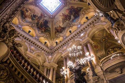 PARIS, FRANCE, MARCH 14, 2017 : interiors, frescoes and architectural details of the palais Garnier, Opera of Paris, march 14, 2017 in Paris, France.