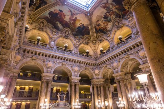 PARIS, FRANCE, MARCH 14, 2017 : interiors, frescoes and architectural details of the palais Garnier, Opera of Paris, march 14, 2017 in Paris, France.