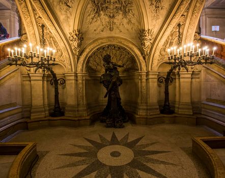 PARIS, FRANCE, MARCH 14, 2017 : interiors, frescoes and architectural details of the palais Garnier, Opera of Paris, march 14, 2017 in Paris, France.