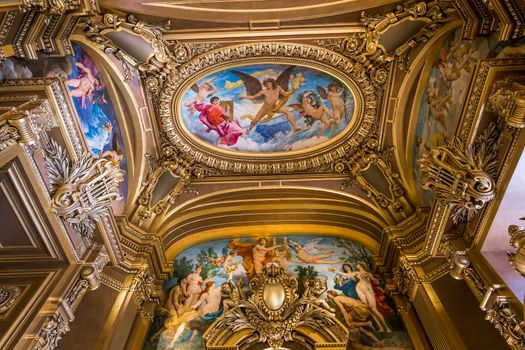 PARIS, FRANCE, MARCH 14, 2017 : interiors, frescoes and architectural details of the palais Garnier, Opera of Paris, march 14, 2017 in Paris, France.