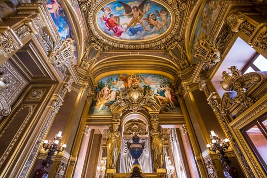 PARIS, FRANCE, MARCH 14, 2017 : interiors, frescoes and architectural details of the palais Garnier, Opera of Paris, march 14, 2017 in Paris, France.