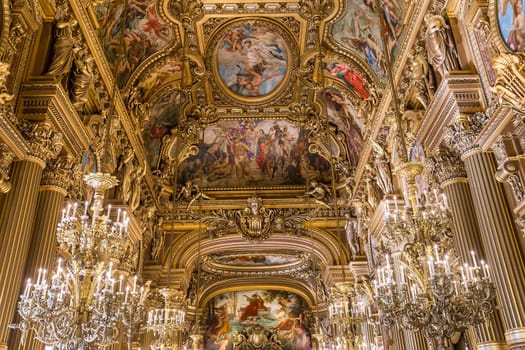 PARIS, FRANCE, MARCH 14, 2017 : interiors, frescoes and architectural details of the palais Garnier, Opera of Paris, march 14, 2017 in Paris, France.