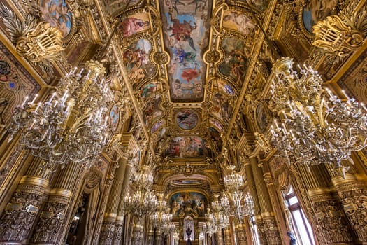 PARIS, FRANCE, MARCH 14, 2017 : interiors, frescoes and architectural details of the palais Garnier, Opera of Paris, march 14, 2017 in Paris, France.