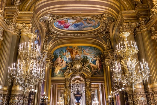 PARIS, FRANCE, MARCH 14, 2017 : interiors, frescoes and architectural details of the palais Garnier, Opera of Paris, march 14, 2017 in Paris, France.