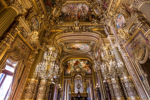 PARIS, FRANCE, MARCH 14, 2017 : interiors, frescoes and architectural details of the palais Garnier, Opera of Paris, march 14, 2017 in Paris, France.