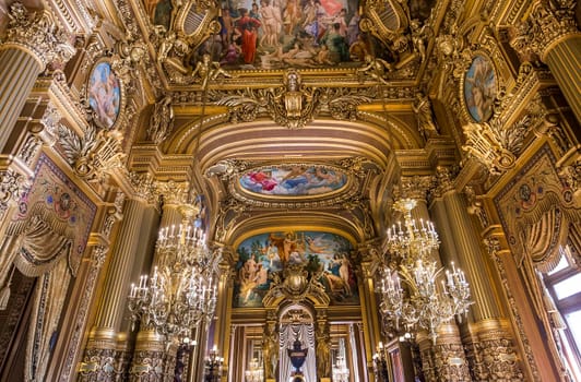 PARIS, FRANCE, MARCH 14, 2017 : interiors, frescoes and architectural details of the palais Garnier, Opera of Paris, march 14, 2017 in Paris, France.