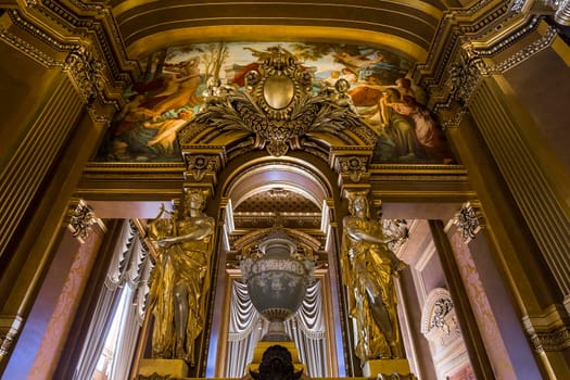 PARIS, FRANCE, MARCH 14, 2017 : interiors, frescoes and architectural details of the palais Garnier, Opera of Paris, march 14, 2017 in Paris, France.