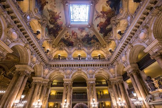 PARIS, FRANCE, MARCH 14, 2017 : interiors, frescoes and architectural details of the palais Garnier, Opera of Paris, march 14, 2017 in Paris, France.