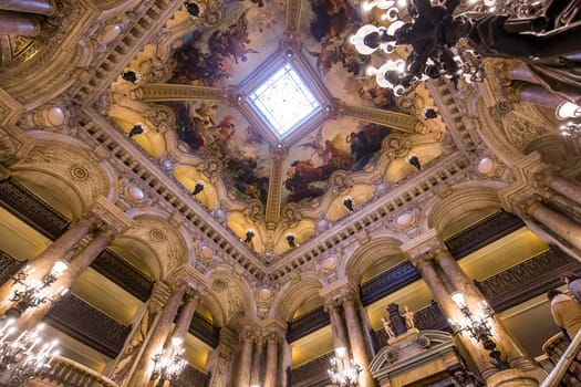 PARIS, FRANCE, MARCH 14, 2017 : interiors, frescoes and architectural details of the palais Garnier, Opera of Paris, march 14, 2017 in Paris, France.