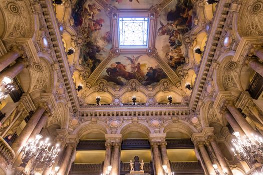 PARIS, FRANCE, MARCH 14, 2017 : interiors, frescoes and architectural details of the palais Garnier, Opera of Paris, march 14, 2017 in Paris, France.