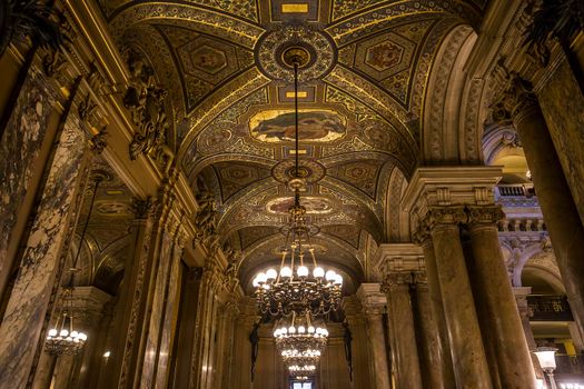 PARIS, FRANCE, MARCH 14, 2017 : interiors, frescoes and architectural details of the palais Garnier, Opera of Paris, march 14, 2017 in Paris, France.