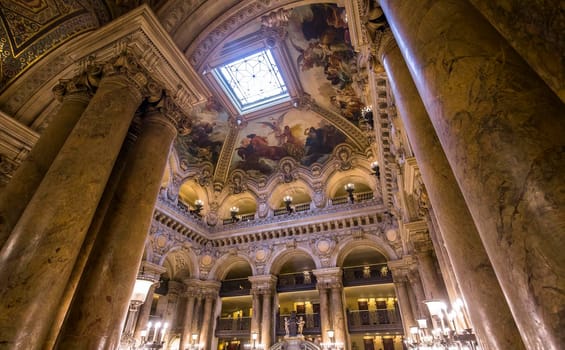 PARIS, FRANCE, MARCH 14, 2017 : interiors, frescoes and architectural details of the palais Garnier, Opera of Paris, march 14, 2017 in Paris, France.