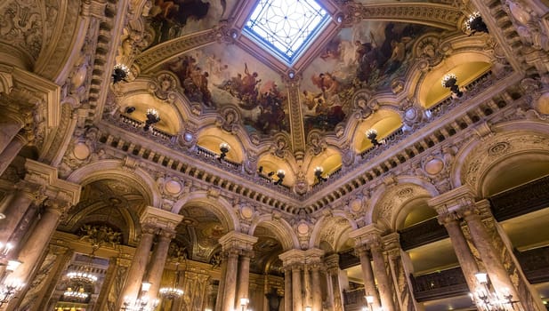 PARIS, FRANCE, MARCH 14, 2017 : interiors, frescoes and architectural details of the palais Garnier, Opera of Paris, march 14, 2017 in Paris, France.