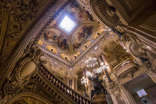 PARIS, FRANCE, MARCH 14, 2017 : interiors, frescoes and architectural details of the palais Garnier, Opera of Paris, march 14, 2017 in Paris, France.