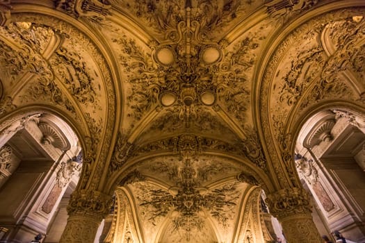 PARIS, FRANCE, MARCH 14, 2017 : interiors, frescoes and architectural details of the palais Garnier, Opera of Paris, march 14, 2017 in Paris, France.