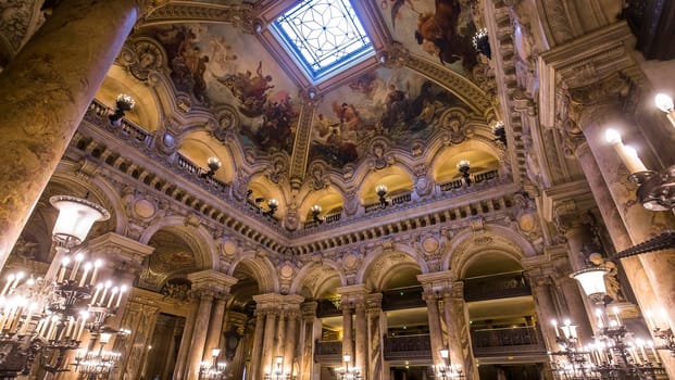 PARIS, FRANCE, MARCH 14, 2017 : interiors, frescoes and architectural details of the palais Garnier, Opera of Paris, march 14, 2017 in Paris, France.