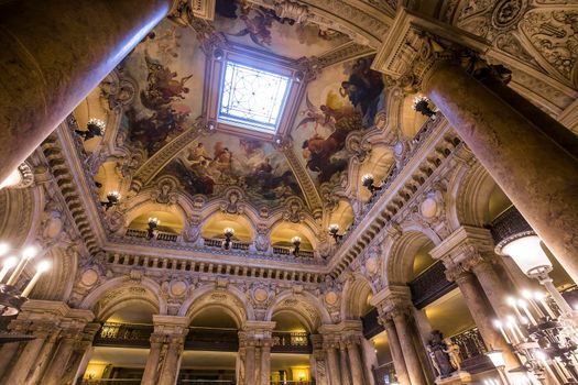 PARIS, FRANCE, MARCH 14, 2017 : interiors, frescoes and architectural details of the palais Garnier, Opera of Paris, march 14, 2017 in Paris, France.