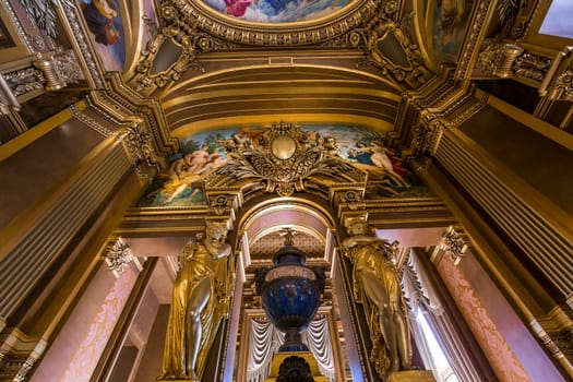 PARIS, FRANCE, MARCH 14, 2017 : interiors, frescoes and architectural details of the palais Garnier, Opera of Paris, march 14, 2017 in Paris, France.