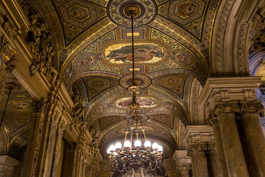 PARIS, FRANCE, MARCH 14, 2017 : interiors, frescoes and architectural details of the palais Garnier, Opera of Paris, march 14, 2017 in Paris, France.