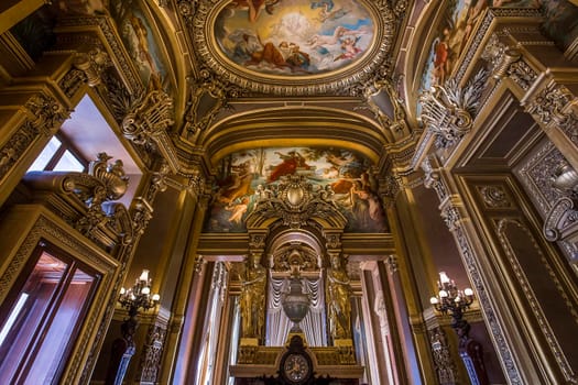 PARIS, FRANCE, MARCH 14, 2017 : interiors, frescoes and architectural details of the palais Garnier, Opera of Paris, march 14, 2017 in Paris, France.