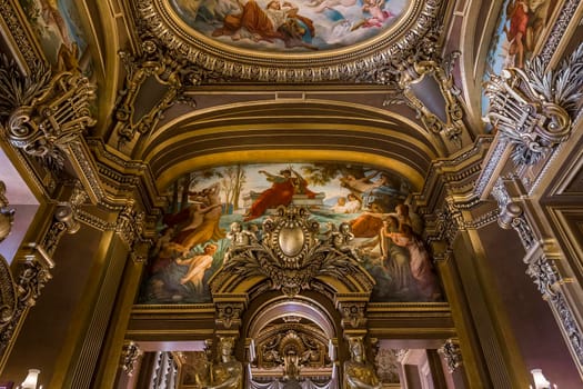 PARIS, FRANCE, MARCH 14, 2017 : interiors, frescoes and architectural details of the palais Garnier, Opera of Paris, march 14, 2017 in Paris, France.