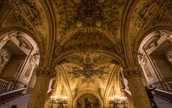 PARIS, FRANCE, MARCH 14, 2017 : interiors, frescoes and architectural details of the palais Garnier, Opera of Paris, march 14, 2017 in Paris, France.