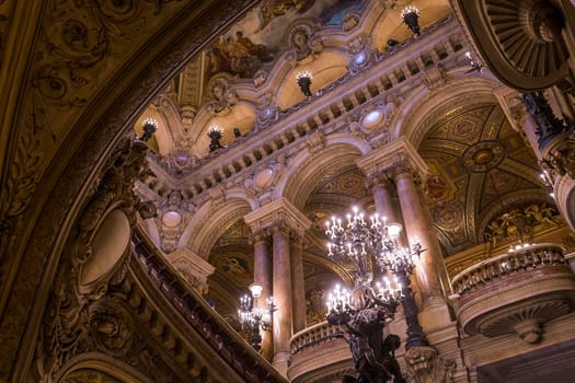 PARIS, FRANCE, MARCH 14, 2017 : interiors, frescoes and architectural details of the palais Garnier, Opera of Paris, march 14, 2017 in Paris, France.