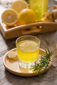 Ginger Ale - Homemade lemon and ginger organic soda drink, copy space.