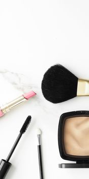 Make-up and cosmetics products on marble, flatlay background - modern feminine lifestyle, beauty blog and fashion inspiration concept