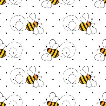 Seamless pattern with bees on white polka dots background. Small wasp. Vector illustration. Adorable cartoon character. Template design for invitation, cards, textile, fabric. Doodle style.