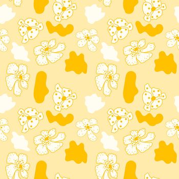 Fantasy seamless pattern with print of cute colorful flowers. Vivid pink, blue, orange and green artistic vector illustration. Bright freehand floral wrapping.