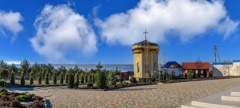 Marinovka village, Ukraine 02.01.2021. Holy Protection Skete of the Holy Dormition Odessa Monastery of the Odessa Diocese of the Ukrainian Orthodox Church on a sunny winter day