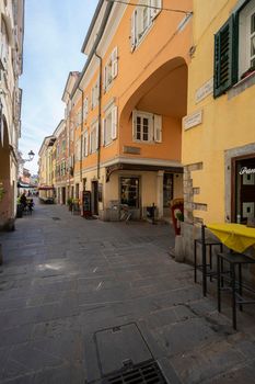 Muggia, Italy. June 13, 2021. The narrow street in the historic center of the town