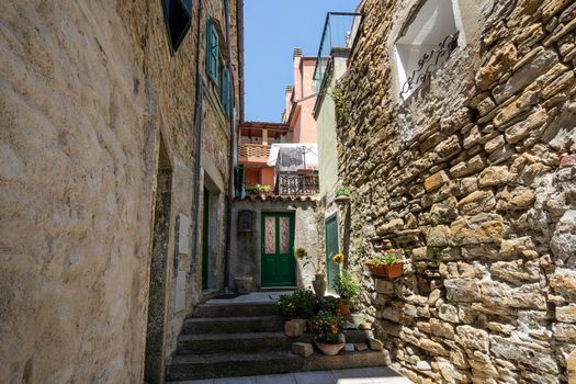 Muggia, Italy. June 13, 2021.  a typical entrance to a house in the streets of the historic center of the town