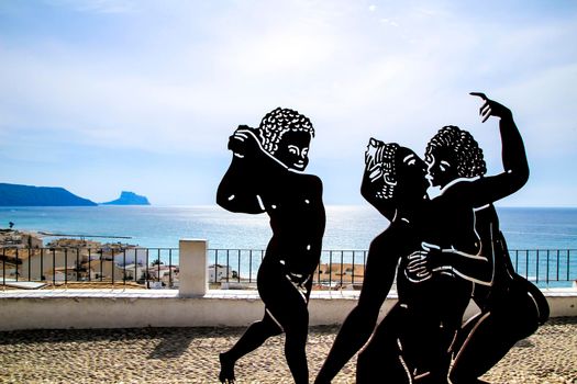 Altea, Alicante, Spain- June 12, 2021: Sculpture called Suite Erotica Grecca by Antoni Miro, exhibited at the Portal Viejo viewpoint in Altea village