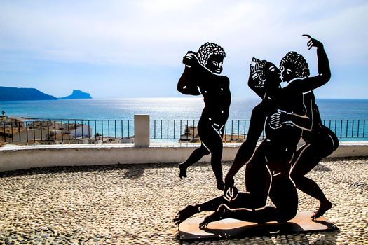 Altea, Alicante, Spain- June 12, 2021: Sculpture called Suite Erotica Grecca by Antoni Miro, exhibited at the Portal Viejo viewpoint in Altea village