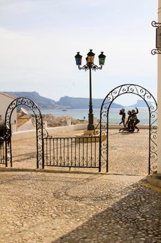 Altea, Alicante, Spain- June 12, 2021: Sculpture called Suite Erotica Grecca by Antoni Miro, exhibited at the Portal Viejo viewpoint in Altea village