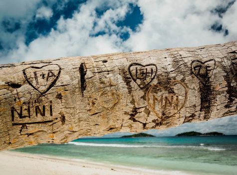 Love Messages hand writed on the wood, Seychelles