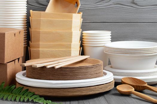 Various Eco friendly tableware made from natural, recyclable materials. Environmental protection and waste reduction concept.