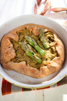 Vegan Cuisine Savory cake made with natural ingredients such as spelled flour and asparagus cream 